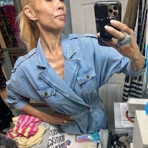 Vintage 80s denim jumpsuit boiler suit batwing elastic waist 90s glam romper S